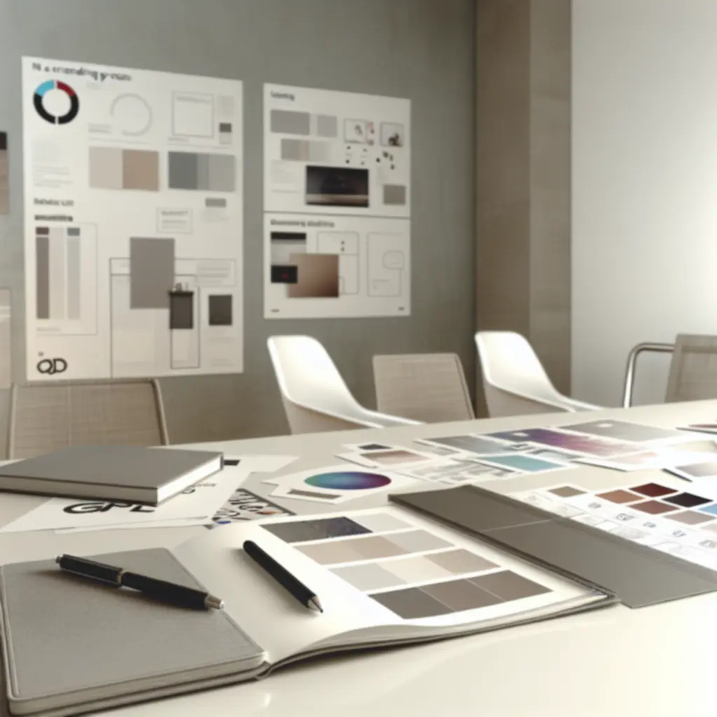 Makiety i materiały prezentujące proces tworzenia identyfikacji wizualnej nowoczesnej firmy technologicznej